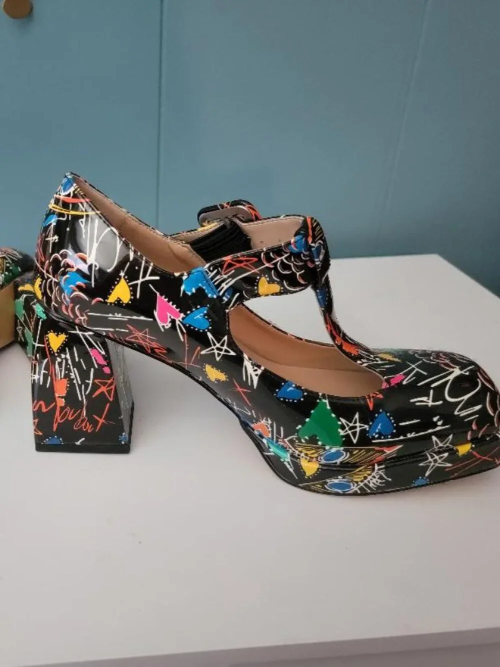 Brand New Graffiti black patent platform heels size 9.5